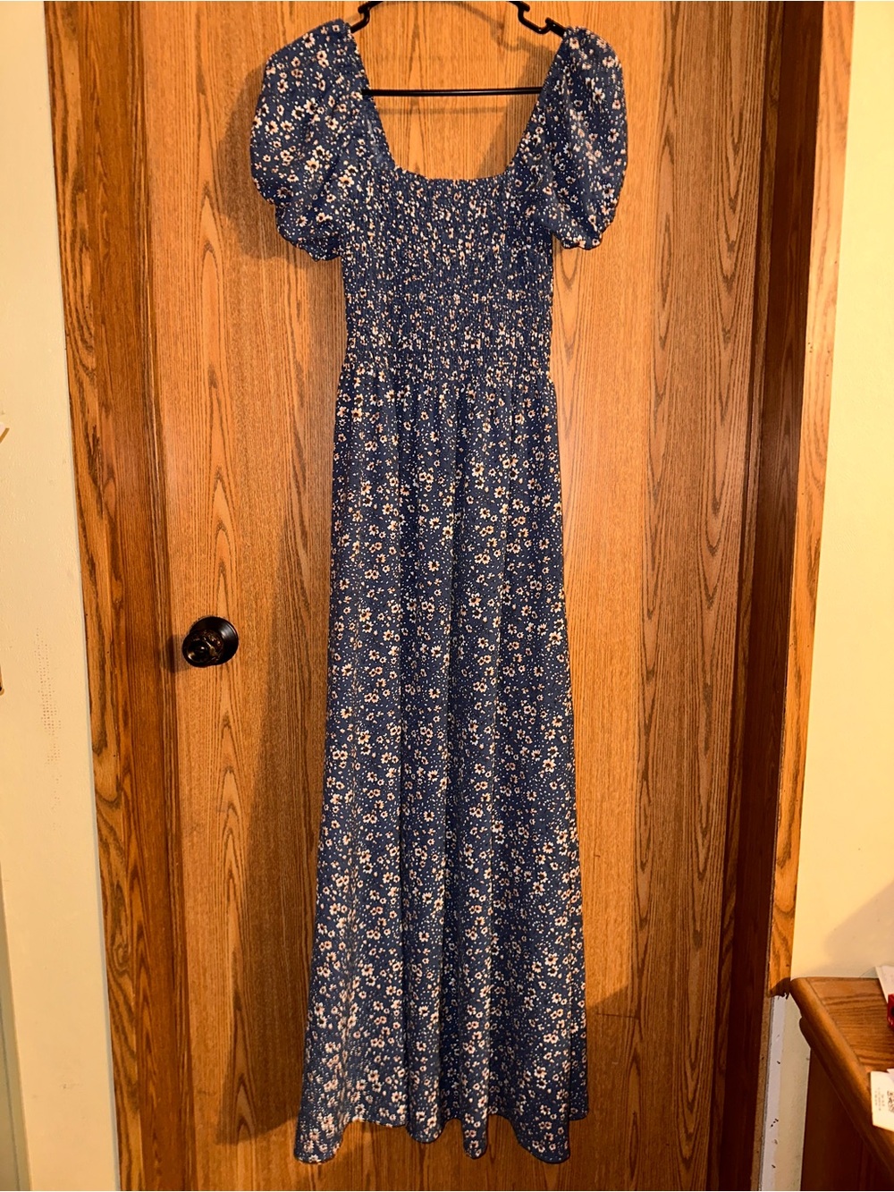 Blue Floral Maxi Dress with Puff Sleeves